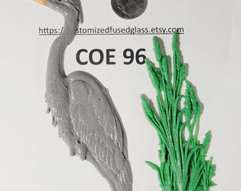 COE 96 HUGE Great Gray Heron or Crane Bird and Large Grass/2 items/ Freeze and Fuse Glass