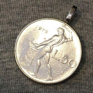 50 Italian LIra Lire Italy silvertone   Coin Pendant made with an Italian genuine coin