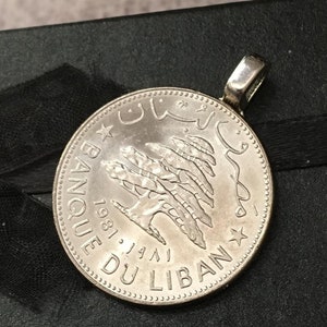 Coin Pendant made with a genuine coin  showing the  cedar tree of Lebanon Coin Necklace, for men or women.