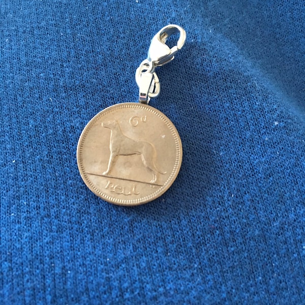 Irish dog coin charm zipper pull made with an Irish 3 pence coin