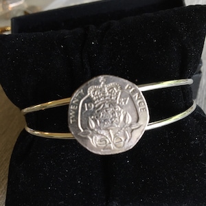 English British 20 pence Bangle cuff bracelet made with a genuine coin featuring Lions
