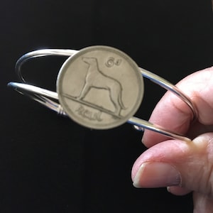 Bangle cuff bracelet made with a genuine  6 pence coin from Ireland featuring the Irish wolfhound dog