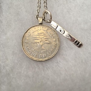 The Cedars of Lebanon necklace.   Real coin from Lebanon.  Silver LOVE charm.   Gift boxed.