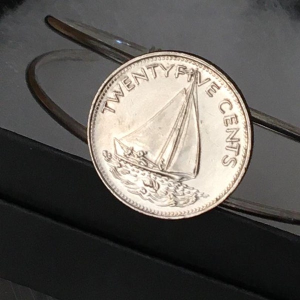Bahamas  coin Bangle cuff bracelet made with a genuine coin featuring a sailboat