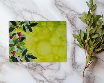 Hand-Painted Holly with Bokeh Background 7 x 5 Watercolor Fine Art Print on 100% Cotton Hot Press Paper Using Archival Pigment Inks