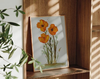 Hand-Painted California Poppy 5 x 7 Watercolor Fine Art Print on 100% Cotton Hot Press Paper Using Archival Pigment Inks