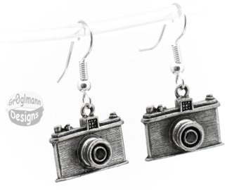 Camera Dangle Earrings: Silver-Plated Photography Jewelry