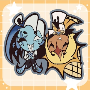 May include: A digital illustration of two cartoon characters with exaggerated features. One character is blue with a white and black outfit, and the other is yellow and brown. The background is a light orange with a grid pattern and white stars.