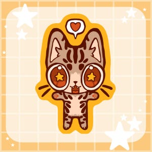 Silly Happy Cat Vinyl Sticker – Kawaii Cool Cute Silly Chibi – Cute & Durable Decal – Handmade for Tabby Cat lovers