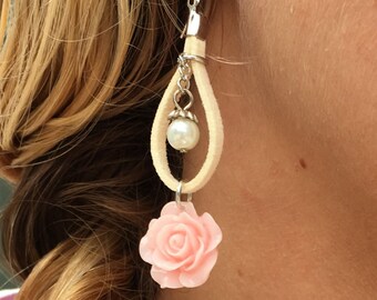 Pink Rose White Leather Raindrop Dangle Earrings - Sterling Silver