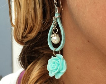 Aqua Rose Leather Raindrop Pendant Dangle Earrings - Stirling Silver