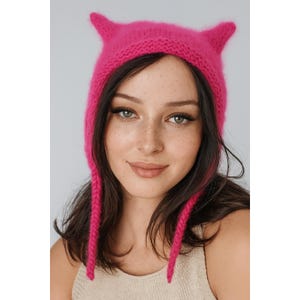Cat Ear Beanie Winter Hat Kawaii Style Warm Accessory Fuzzy Animal Hood Design Cute Bonnet BowTie Soft Headpiece Winter Balaclava Pink