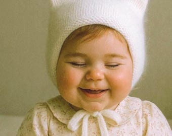 Hand Knit Baby Bonnet with Cat Ears Soft Tie Bonnet for Newborn Nordic Style Fall Hat Fluffy Baby Photo Prop Vintage Hat Babyshower Idea