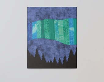 May include: A digital painting of a dark blue sky with a green and blue aurora borealis over a silhouette of a forest.