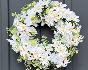 Witte bloemendeurkrans, lentekrans boerderij, voordeurdecor, bloemenkrans cottage-stijl, 13 inch