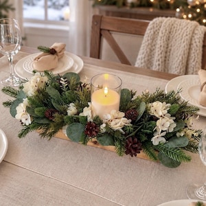 Candle Centerpiece for Table – Long Eucalyptus & Pinecone Arrangement – Neutral Evergreen Dining Table Decor – 18 Inch