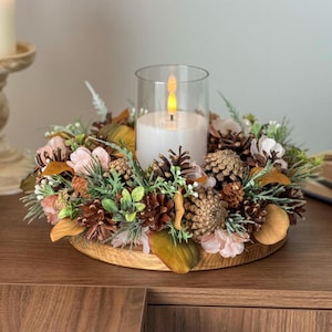 Fall Table Decor – Rustic Pinecone Centerpiece – Thanksgiving Candle Ring – 10 Inch