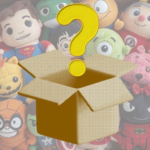 May include: A box filled with various plush toys, including characters like Superman, Spider-Man, and others. A large yellow question mark is superimposed over the box, suggesting a mystery or surprise element. The toys are colorful and diverse.