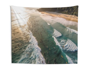 Coastal Escape Canvas: Anime-Inspired Island Surf Aerial View | Beach Wall Art