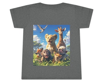 Faire-part de bébé sur le thème Safari : adorable t-shirt à imprimés de lions, de girafes et de singes