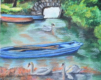 Killarney National Park, Irish Art, Ireland Art, Watercolor, Prints Of Ireland, Swan, Boats, Water, Trees, Landscape, Irish Landscape Art