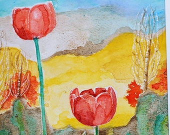 Red Tulips Flowers Floral Watercolor Landscape Print W Mountains Bird In Aspen Trees of Colorado Bold Colors Floral Flowers Home Decor Art