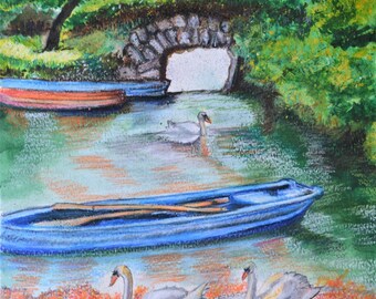 Killarney National Park, Irish Art, Ireland Art, Watercolor, Prints Of Ireland, Swan, Boats, Water, Trees, Landscape, Irish Landscape Art