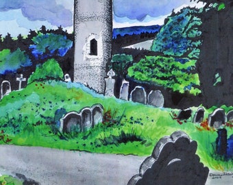 Glendalough St. Kevins Watercolor Print Of Ireland Colorful Landscape With Irish Tower Graveyard With Tombstones Green Rolling Hills Ireland