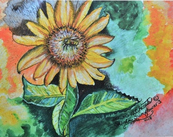 Sunflower Art, Sunflower Print, Floral Art, Watercolor, Bumble Bee, Colorful Sunflower, Flowers, Bee On Sunflower, Floral Decor, Nature Art