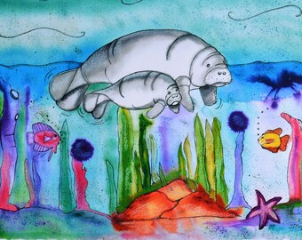 Manatees Watercolor, Manatees Print, Child And Baby, Nursery Art, Unisex, Manatee Art, Beach House Art, Manatees And Fish, Beachy, Colorful