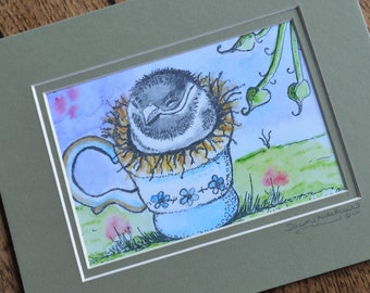Baby Bird Painting,Bird Art, Bird Watercolor, Bird In Tea Cup, Bird Painting, Bird Home Decor, Sparrow in Tea Cup, Sparrow Bird, Matted, Art