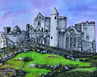 Rock Of Cashel Ireland Watercolor Print, Prints Of Ireland, Irish Castle With Sheep, Rolling Hills W Sheep, Stone Walls Sheep Grazing Castle