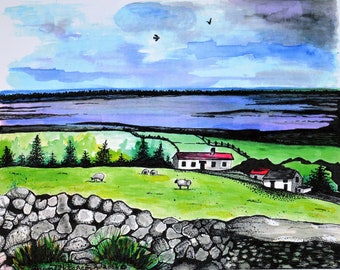Ring Of Kerry Ireland Watercolor Print Of Irish Cottage Green Rolling Hills Sheep Grazing Colorful Landscape Stacked Stone Walls W Farmhouse