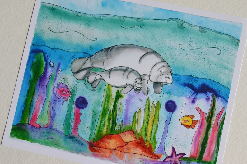 Colorful Manatees And Fish Beach House Art Beachy Manatees Print