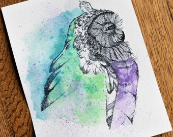 Great Horned Owl ORIGINAL Watercolor Painting Owl Pen N Ink Drawing On Watercolor Paper Animals And Nature Home Decor Birds Of Prey Colorful