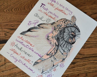 Great Horned Owl, ORIGINAL Drawing, ORIGINAL Art, 8.5 X 11, Owl Color Pencil, Emily Dickinson, Quote, ORIGINAL Bird Art, Owl Home Decor, Owl