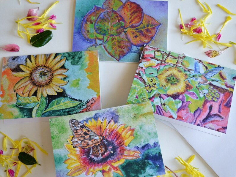 Floral Cards, Watercolor Card, Butterfly Card, Colorful Flowers, 4 Card ...