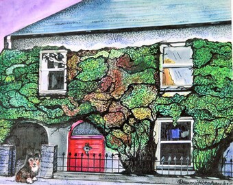 Watercolors Of Ireland, Irish Cottage, Quaint Cottage Ireland, Iron Gate, Sheltie Dog, Painting Of Ireland, Dublin Cottage, Ivy On Cottage