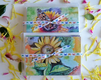 Floral Cards, Watercolor Card, Butterfly Card, Colorful Flowers, 4 Card Set, Blank Inside Comes Boxed, Large 5 X 7 Size, Hummingbird Card