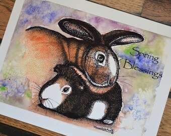 Guinea Pig Art, Bunny Art, Watercolor Print, Spring Blessings, Spring Home Decor, Spring Guinea Pig, Spring Bunny, Christian Art, Home Decor