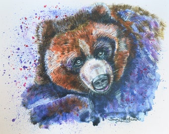 Bear Watercolor Print, Grizzly Bear Watercolor Art, Wildlife Animal Print, Animal Bear Portrait, Bold Colorful Watercolors Of Animals, Bear