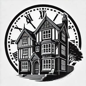 Peut inclure: Illustration en noir et blanc d'une maison avec un cadran d'horloge derrière elle. La maison a un toit à pignon, plusieurs fenêtres et un porche. Le cadran de l'horloge a des chiffres romains et une aiguille pointant vers le chiffre douze.