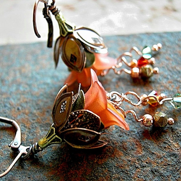 Autumn Flower Earrings .Fairy Flowers .Fall Colors, Coppery Filigree .Faery Couture