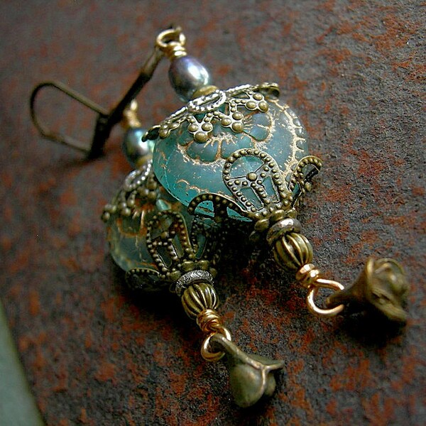 Blue Heart Earrings . Glass & Brass Flower . Country Chic, Romantic . Freshwater Pearls