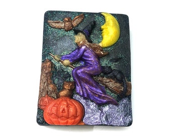 Witch Soap, Halloween Soap, Flying Witch, Halloween Decor, Pumpkin, Owls, Black Cat, Hand Painted, Bar Soap, Halloween, Good Witch Party