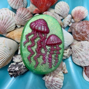 Glittery Neon Pink Jellyfish Oval Soap with Lime Green Background image 1