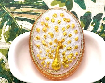 Elegant Peacock Oval Soap Bar - White Glitter Relief on Gold Background