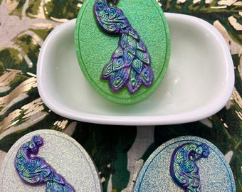 Hand painted Peacock Oval Soap with Glitter Background - Unique and Elegant Bath Bar for the Bird Lover