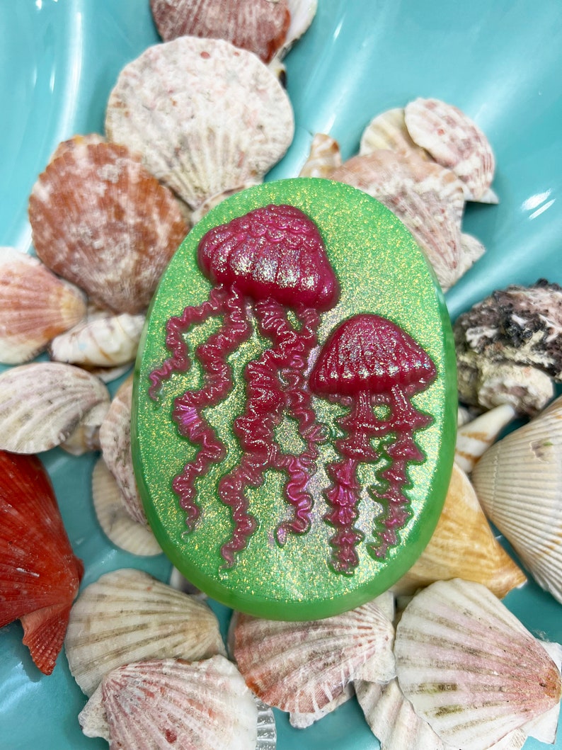 Glittery Neon Pink Jellyfish Oval Soap with Lime Green Background image 5