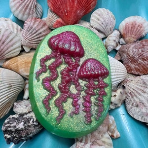 Glittery Neon Pink Jellyfish Oval Soap with Lime Green Background image 7